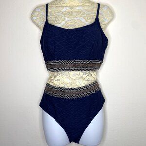 Womens Navy Blue Textured Two Piece Swimsuit Embroidered Waistband - Size‎ L NWT